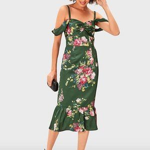 BNWOT Eshakti Off The Shoulder Floral Print Satin Dress Green Size 12